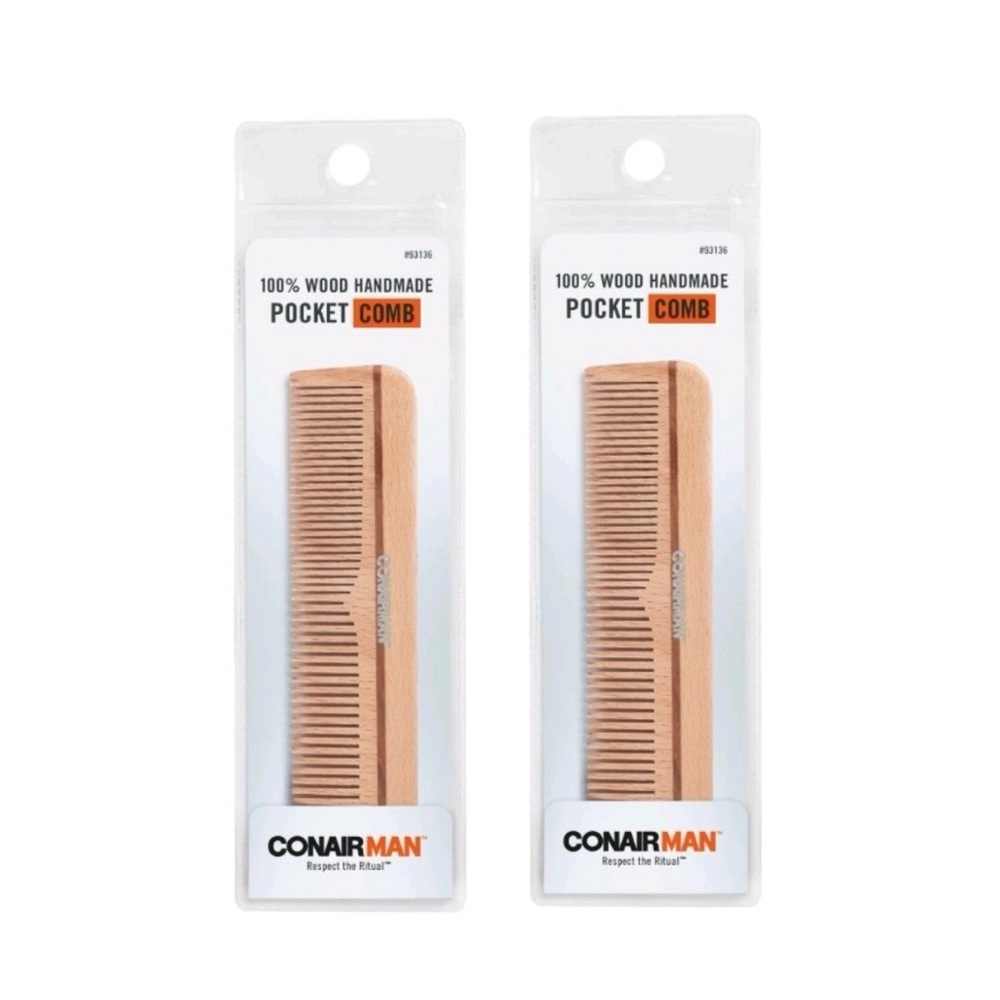 Conair Men’s 100% Wood Handmade Pocket Combs (Set of 2)